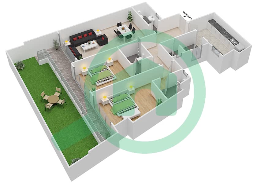 المخططات الطابقية لتصميم النموذج 2A شقة 2 غرفة نوم - مساكن مونتي كارلو interactive3D