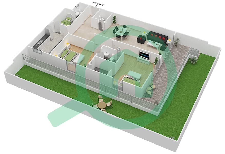 المخططات الطابقية لتصميم النموذج 2B شقة 2 غرفة نوم - مساكن مونتي كارلو interactive3D