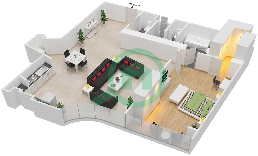 Опус - Апартамент 1 Спальня планировка Тип/мера RB/221 interactive3D