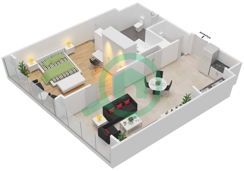 欧普斯公寓大楼 - 1 卧室公寓类型／单位RB/204戶型图 interactive3D
