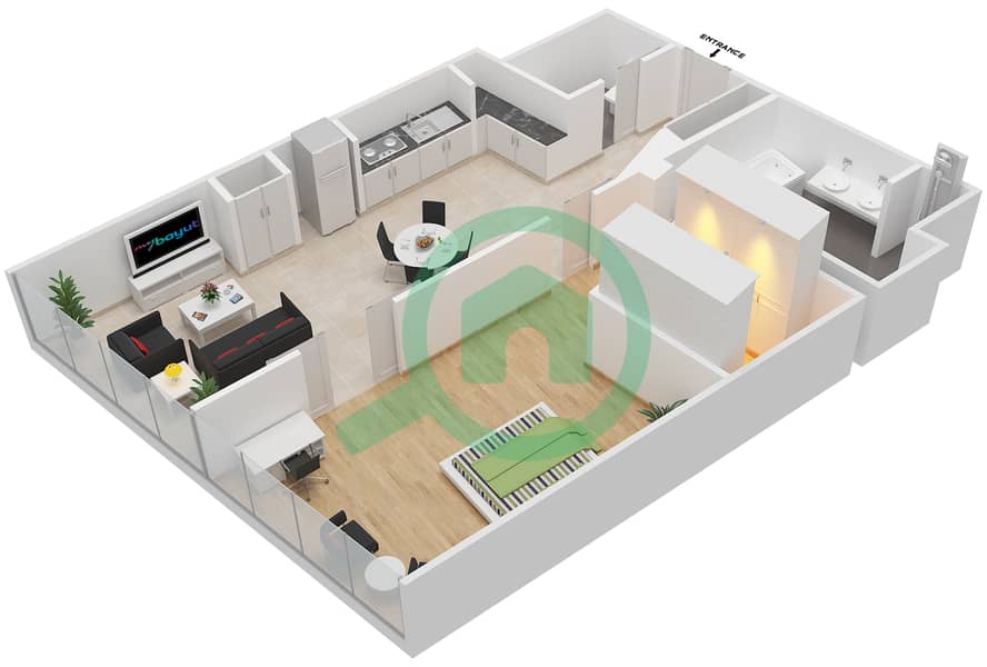 欧普斯公寓大楼 - 1 卧室公寓类型／单位RB/301戶型图 interactive3D
