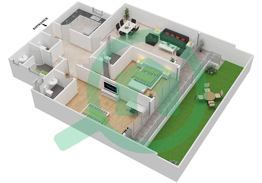 المخططات الطابقية لتصميم النموذج 2C شقة 2 غرفة نوم - مساكن مونتي كارلو interactive3D