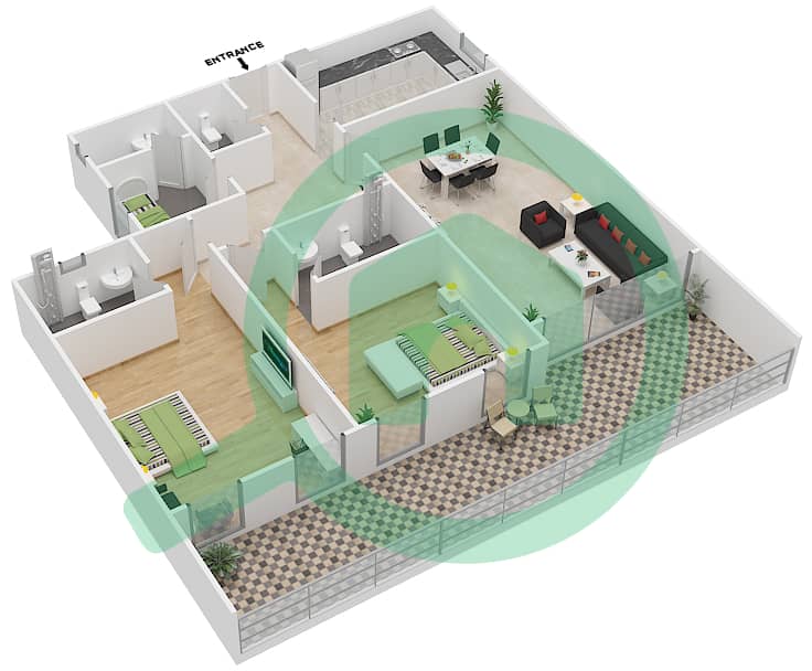 المخططات الطابقية لتصميم النموذج 2E شقة 2 غرفة نوم - مساكن مونتي كارلو interactive3D