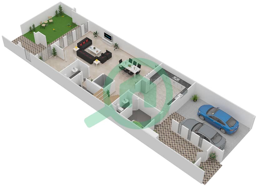 المخططات الطابقية لتصميم الوحدة D تاون هاوس 4 غرف نوم - قصر مالبيري Ground Floor interactive3D