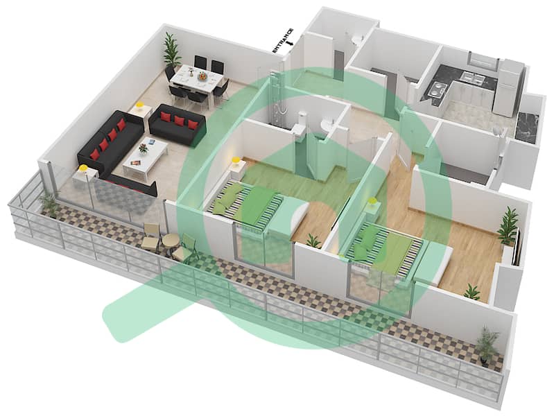 المخططات الطابقية لتصميم النموذج 2H شقة 2 غرفة نوم - مساكن مونتي كارلو interactive3D