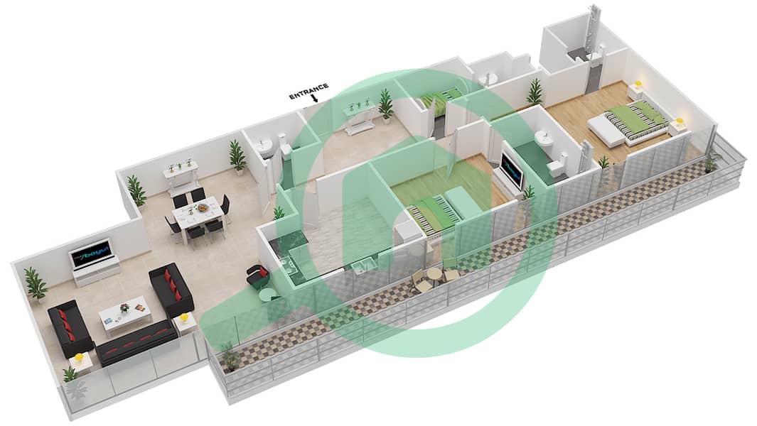 المخططات الطابقية لتصميم النموذج 2L شقة 2 غرفة نوم - مساكن مونتي كارلو interactive3D