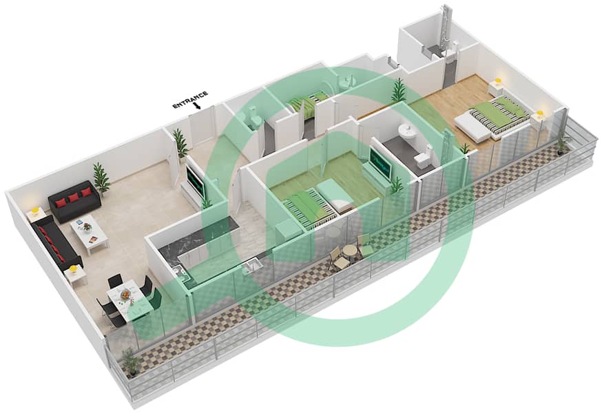 المخططات الطابقية لتصميم النموذج 2G شقة 2 غرفة نوم - مساكن مونتي كارلو interactive3D