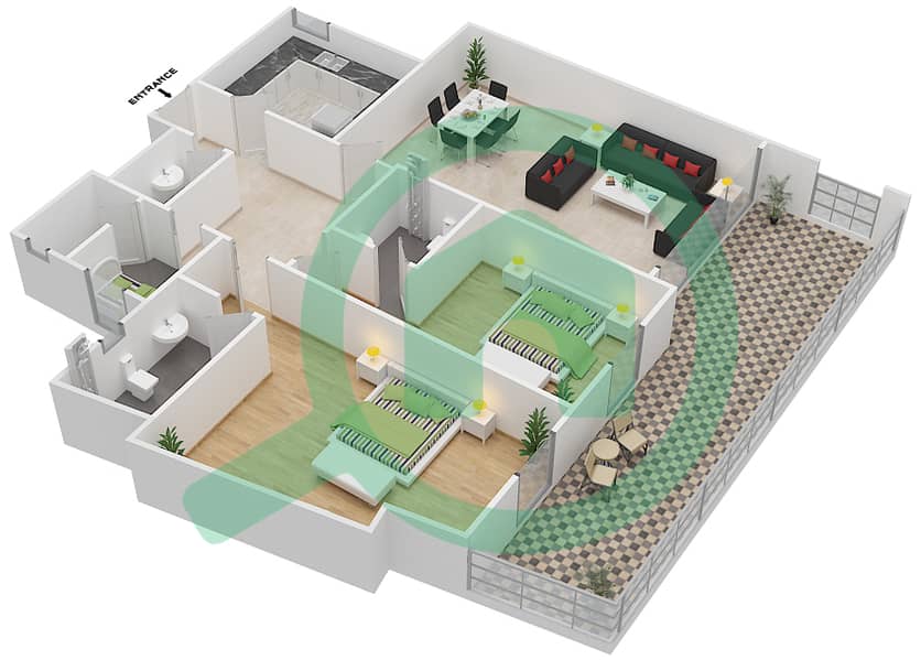 Монте-Карло Резиденс - Апартамент 2 Cпальни планировка Тип 2I interactive3D