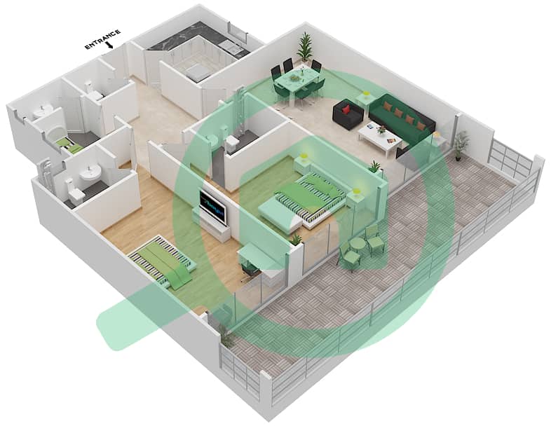المخططات الطابقية لتصميم النموذج 2J شقة 2 غرفة نوم - مساكن مونتي كارلو interactive3D