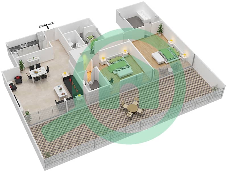 المخططات الطابقية لتصميم النموذج 2K شقة 2 غرفة نوم - مساكن مونتي كارلو interactive3D
