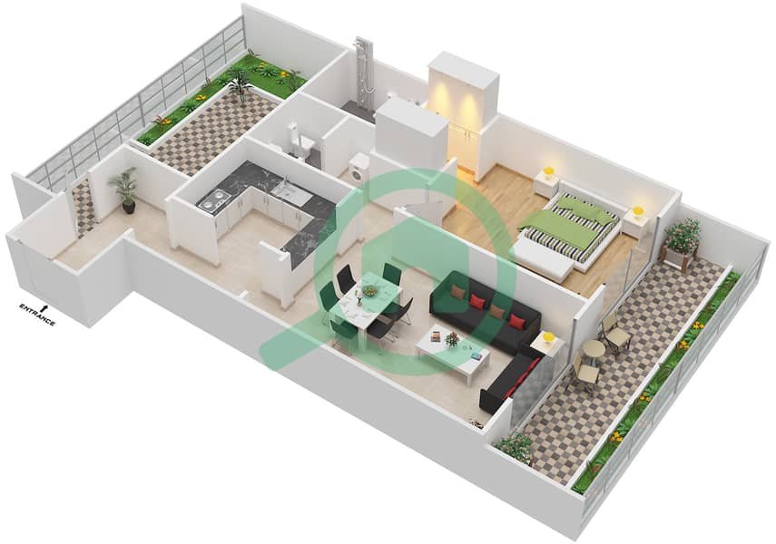 المخططات الطابقية لتصميم النموذج 2 شقة 1 غرفة نوم - أكسفورد ريزيدنس interactive3D