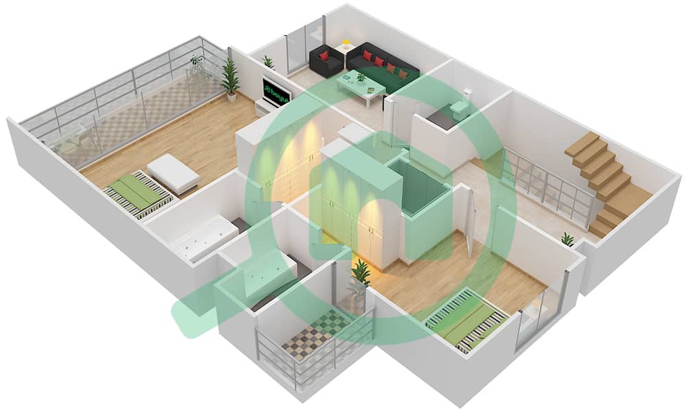 المخططات الطابقية لتصميم النموذج LEFT فیلا 3 غرف نوم - أوركيد بارك interactive3D