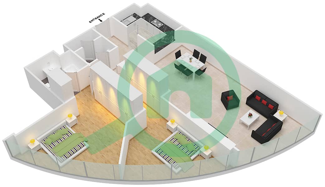 المخططات الطابقية لتصميم التصميم 1,8,9,16 شقة 2 غرفة نوم - برج سكاي interactive3D