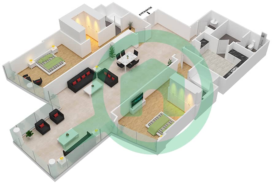 天空之塔 - 2 卧室公寓套房3-A,11戶型图 interactive3D