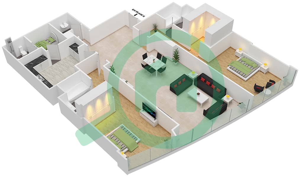 المخططات الطابقية لتصميم التصميم 3-B,6,14 شقة 2 غرفة نوم - برج سكاي interactive3D