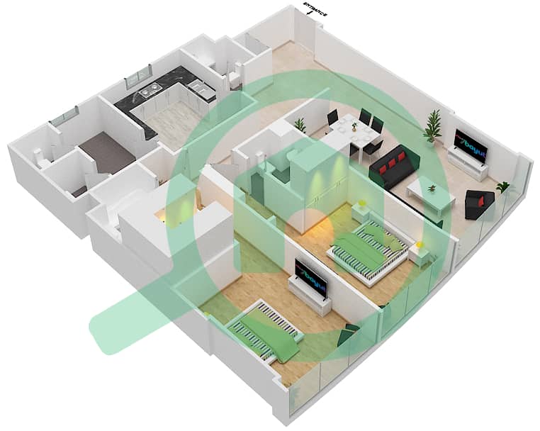 天空之塔 - 2 卧室公寓套房4-A,5-A,12-A,13-A戶型图 interactive3D