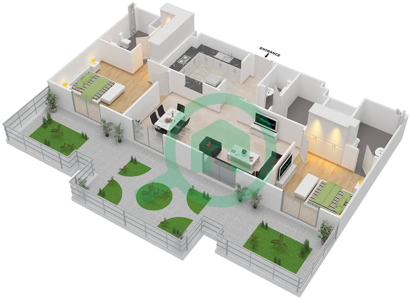 المخططات الطابقية لتصميم النموذج C شقة 2 غرفة نوم - ماي ريزيدنس interactive3D