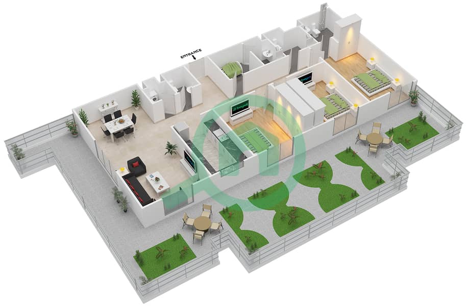 المخططات الطابقية لتصميم النموذج D شقة 3 غرف نوم - ماي ريزيدنس interactive3D
