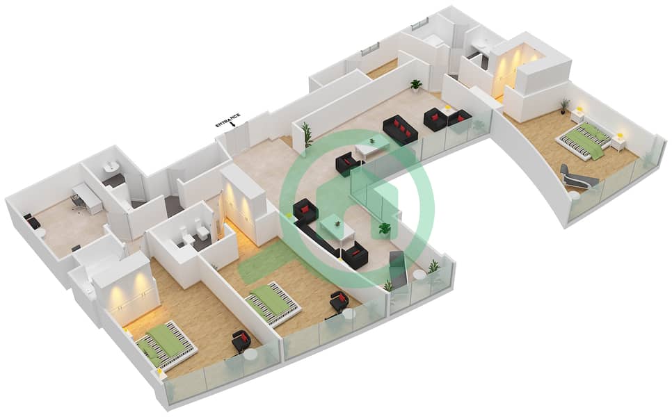 Небесная Тауэр - Апартамент 4 Cпальни планировка Гарнитур, анфилиада комнат, апартаменты, подходящий 3,6 interactive3D