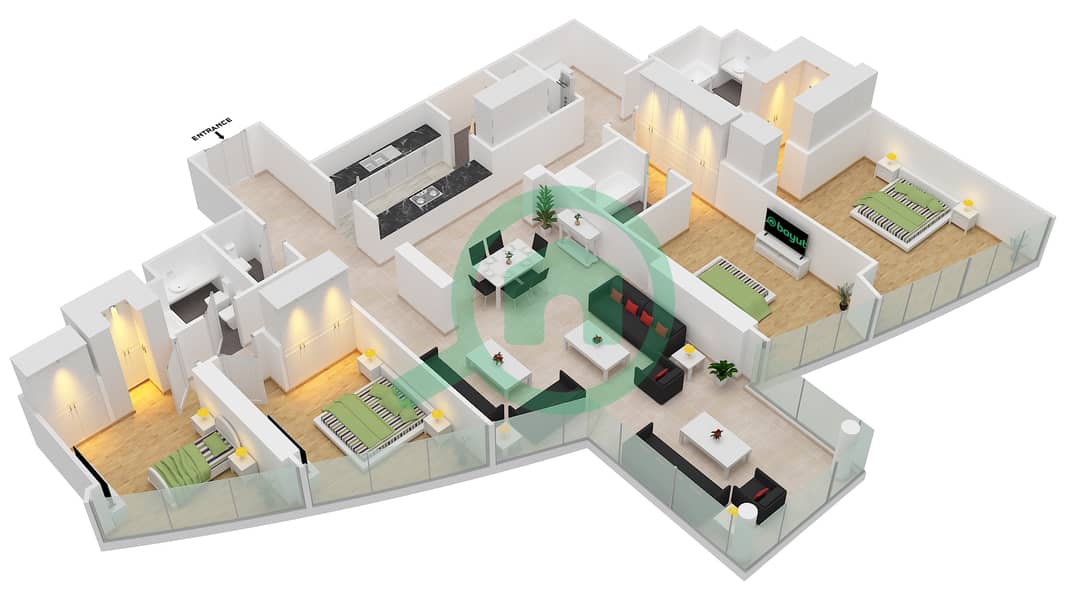 Небесная Тауэр - Апартамент 4 Cпальни планировка Гарнитур, анфилиада комнат, апартаменты, подходящий 5 interactive3D