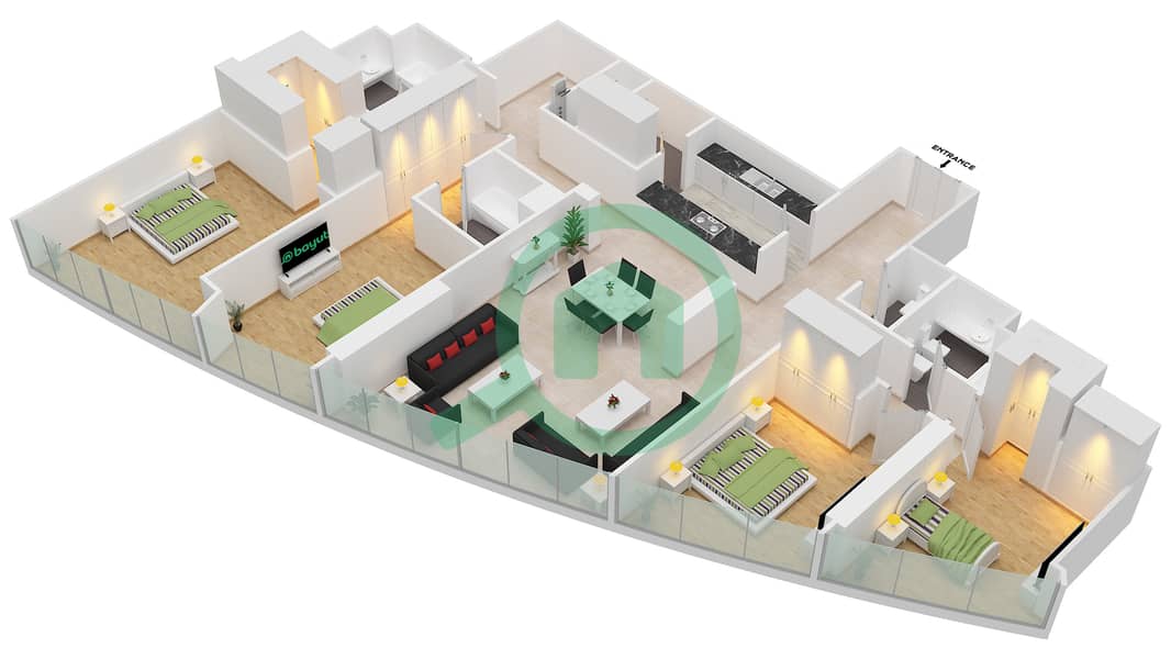 المخططات الطابقية لتصميم التصميم 2,7-B,10 شقة 4 غرف نوم - برج سكاي interactive3D