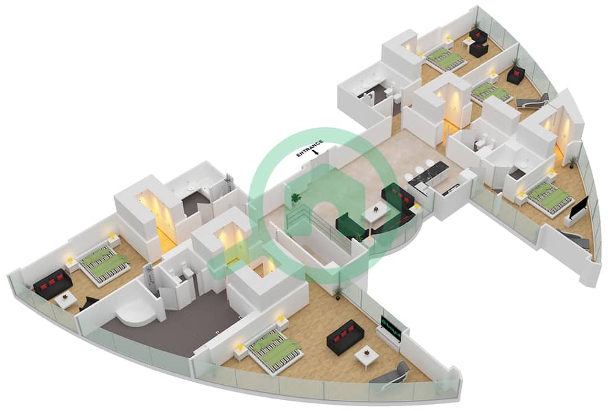 المخططات الطابقية لتصميم التصميم 1 شقة 6 غرف نوم - برج سكاي interactive3D