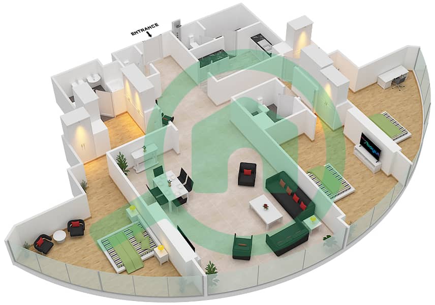 المخططات الطابقية لتصميم التصميم 1,6 شقة 3 غرف نوم - برج سكاي interactive3D