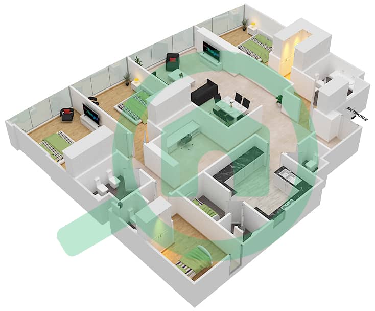 المخططات الطابقية لتصميم التصميم 4,9 شقة 4 غرف نوم - برج سكاي interactive3D