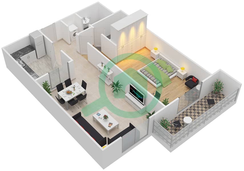公园广场 - 1 卧室公寓单位104,204,304戶型图 interactive3D