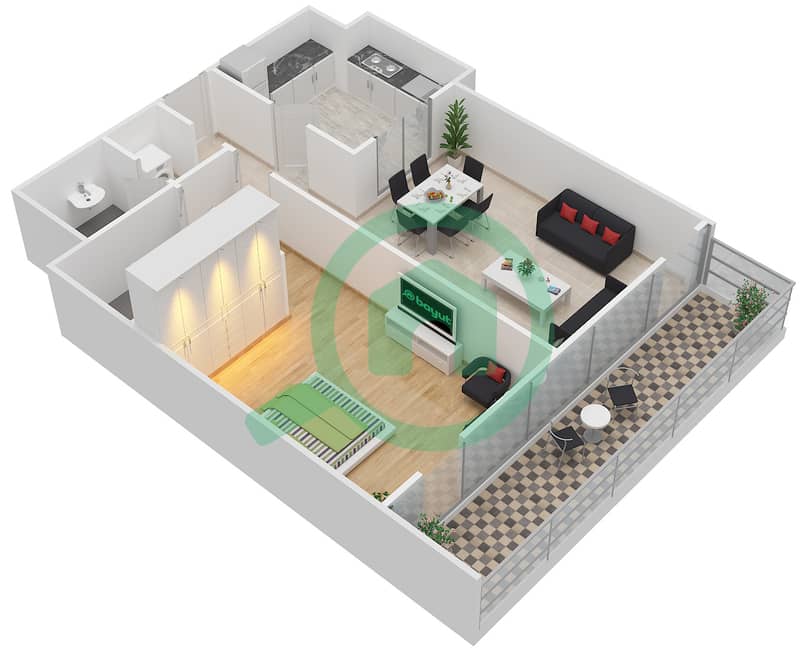 المخططات الطابقية لتصميم الوحدة 107,207,307 شقة 1 غرفة نوم - بارك سكوير interactive3D