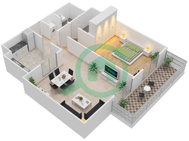المخططات الطابقية لتصميم الوحدة 108,208,308 شقة 1 غرفة نوم - بارك سكوير interactive3D