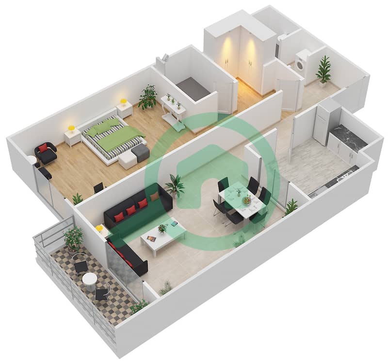 المخططات الطابقية لتصميم الوحدة 110,210,310 شقة 1 غرفة نوم - بارك سكوير interactive3D