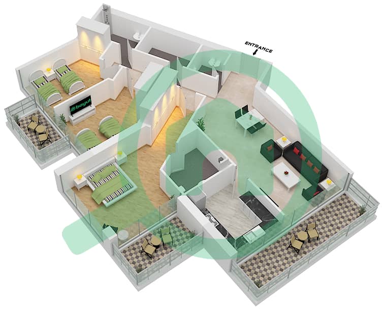 المخططات الطابقية لتصميم النموذج I3 شقة 3 غرف نوم - أرتيسيا C interactive3D