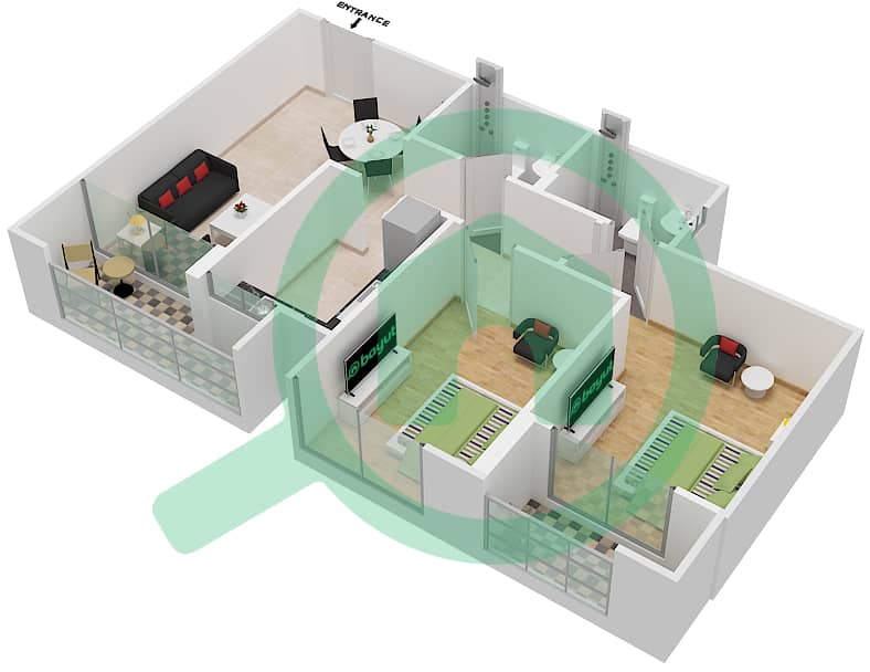 المخططات الطابقية لتصميم النموذج / الوحدة B/G02 شقة 2 غرفة نوم - سنبيم هومز interactive3D