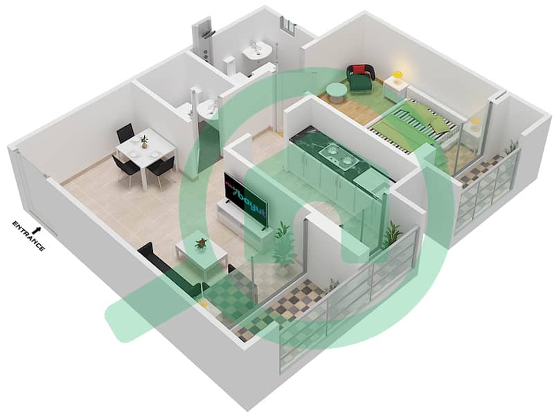 المخططات الطابقية لتصميم النموذج / الوحدة E/G01 شقة 1 غرفة نوم - سنبيم هومز interactive3D