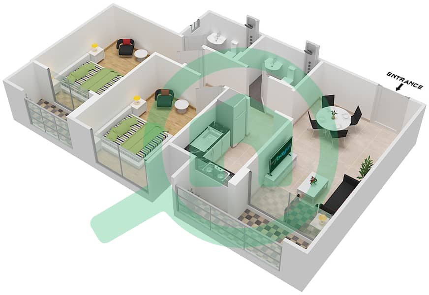 المخططات الطابقية لتصميم النموذج / الوحدة F/G02 شقة 2 غرفة نوم - سنبيم هومز interactive3D