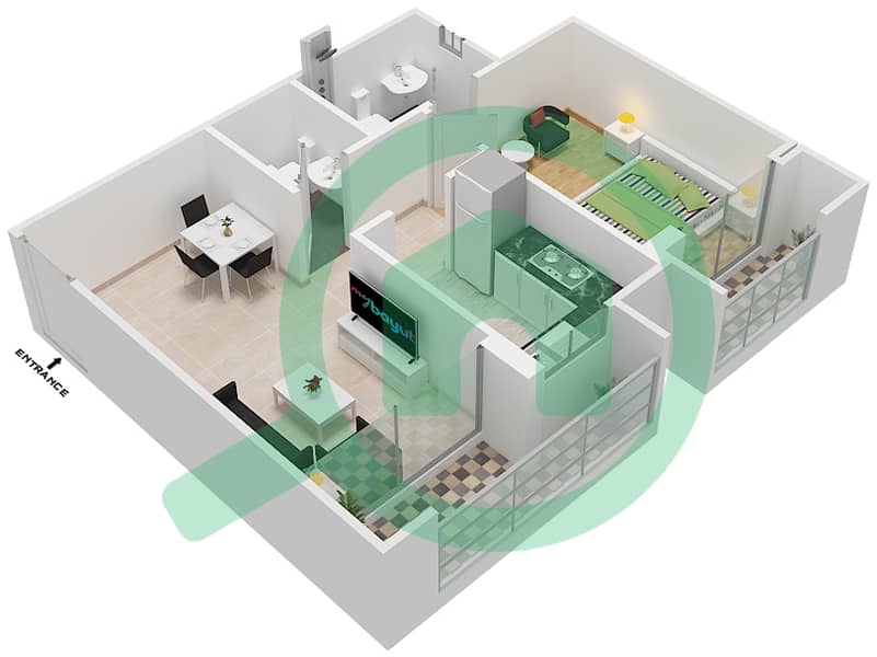 المخططات الطابقية لتصميم النموذج / الوحدة O/G03 شقة 1 غرفة نوم - سنبيم هومز Lower Floor interactive3D