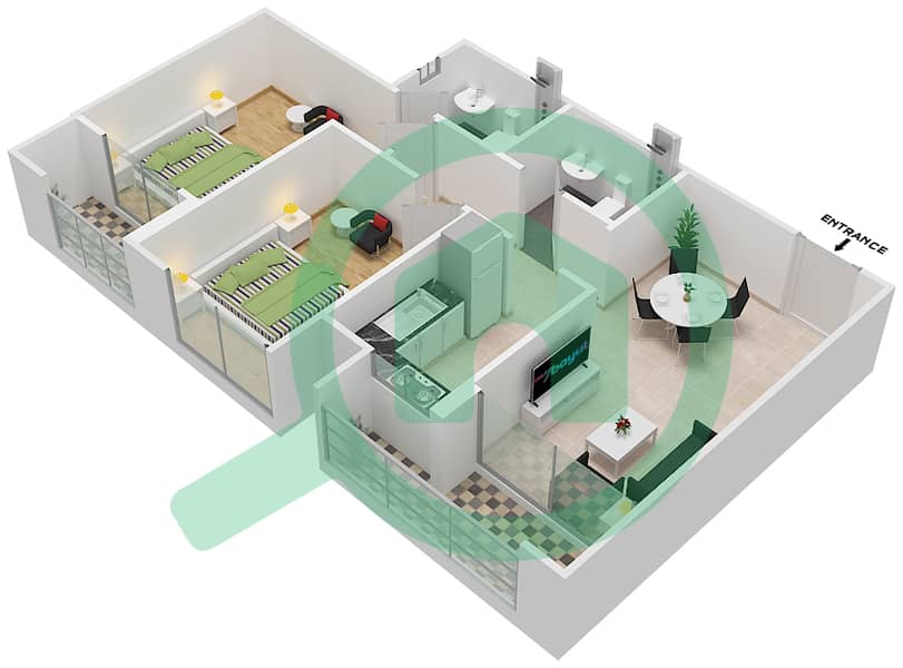 المخططات الطابقية لتصميم النموذج / الوحدة R/102 شقة 2 غرفة نوم - سنبيم هومز Upper Floor interactive3D