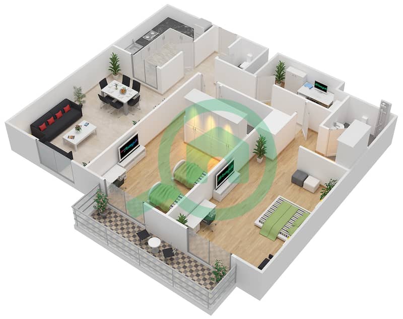 المخططات الطابقية لتصميم الوحدة 101,201,301 شقة 2 غرفة نوم - بارك سكوير interactive3D