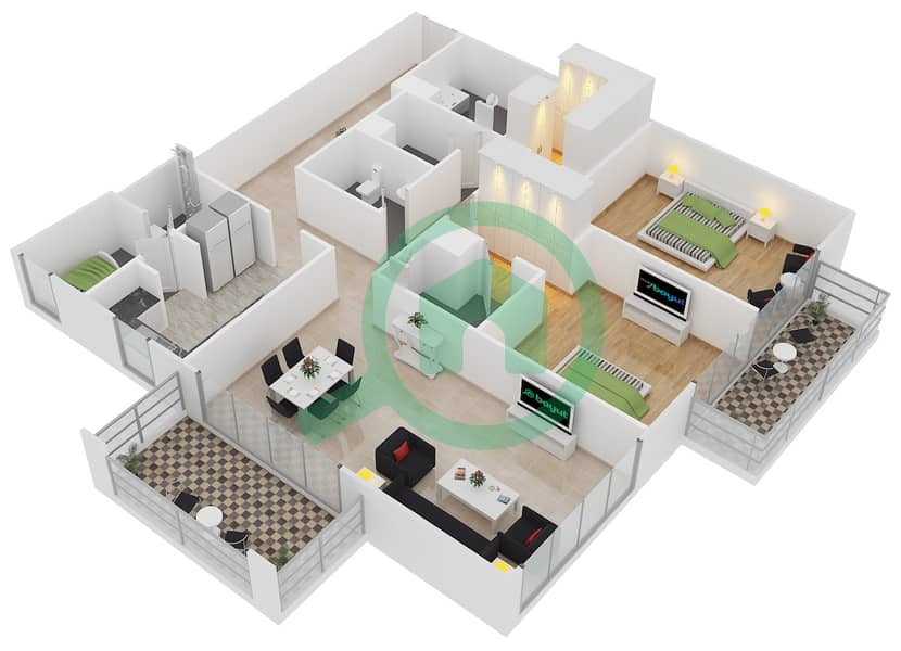 المخططات الطابقية لتصميم النموذج 8 شقة 2 غرفة نوم - بلجرافيا interactive3D