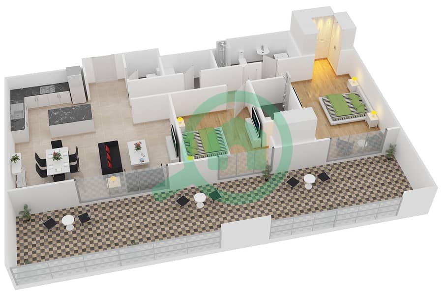 المخططات الطابقية لتصميم النموذج 12 شقة 2 غرفة نوم - بلجرافيا interactive3D