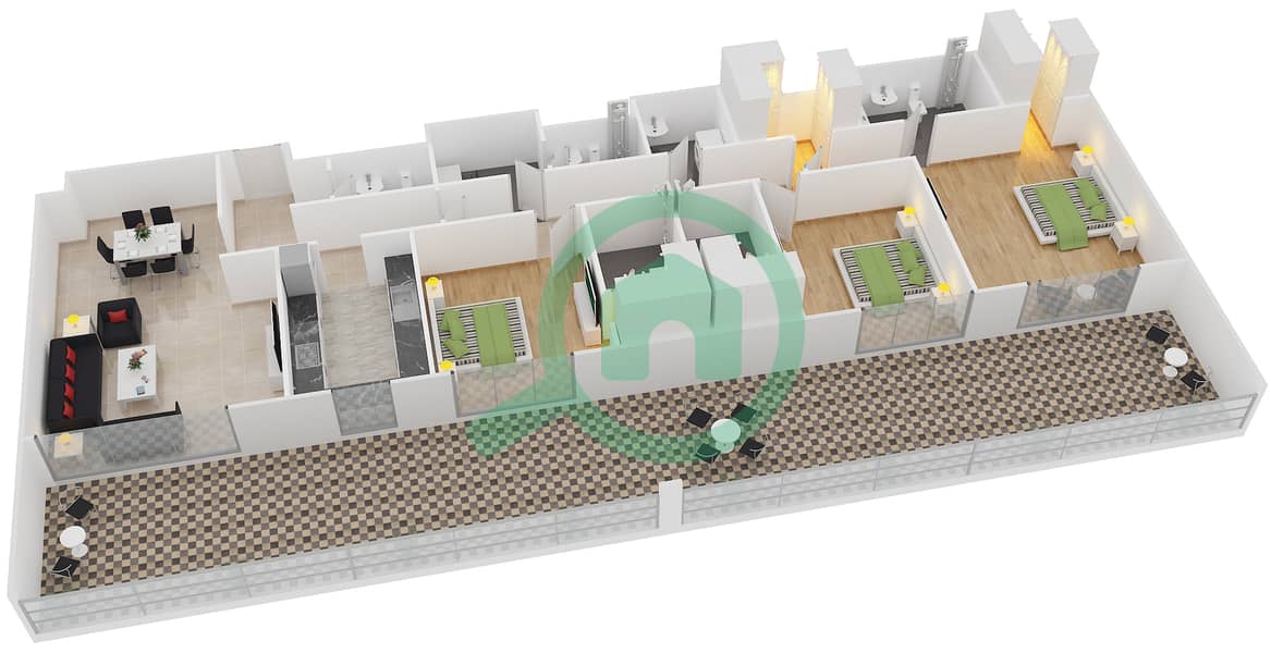 المخططات الطابقية لتصميم النموذج 9 شقة 3 غرف نوم - بلجرافيا interactive3D