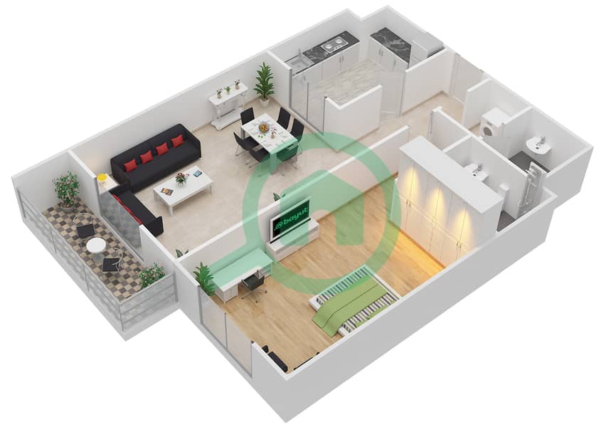 المخططات الطابقية لتصميم الوحدة 111,211,311 شقة 1 غرفة نوم - بارك سكوير interactive3D