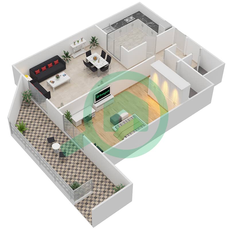 المخططات الطابقية لتصميم الوحدة G01 شقة 1 غرفة نوم - بارك سكوير interactive3D