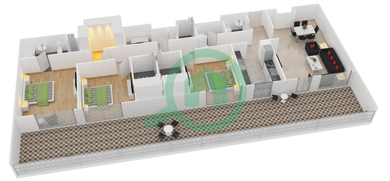المخططات الطابقية لتصميم النموذج 14 شقة 3 غرف نوم - بلجرافيا interactive3D