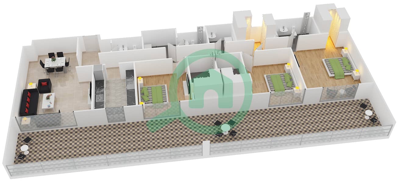 المخططات الطابقية لتصميم النموذج 16 شقة 3 غرف نوم - بلجرافيا interactive3D