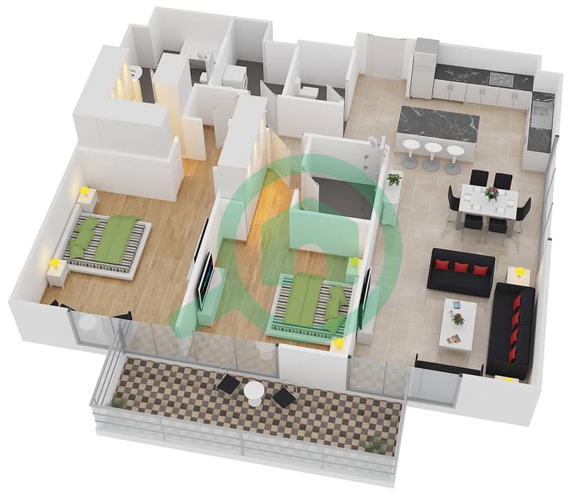 المخططات الطابقية لتصميم النموذج 14 شقة 2 غرفة نوم - بلجرافيا interactive3D