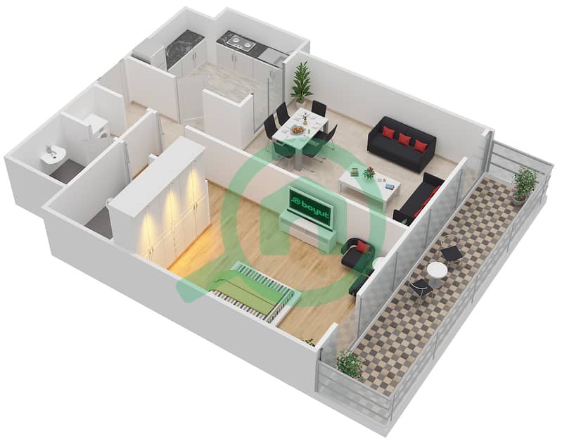 المخططات الطابقية لتصميم الوحدة G03 شقة 1 غرفة نوم - بارك سكوير interactive3D