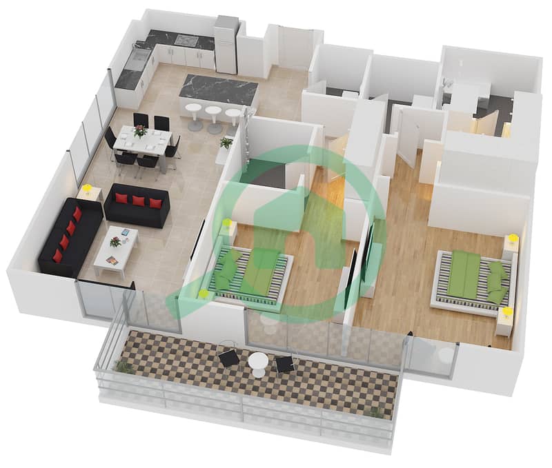 المخططات الطابقية لتصميم النموذج 13 شقة 2 غرفة نوم - بلجرافيا interactive3D