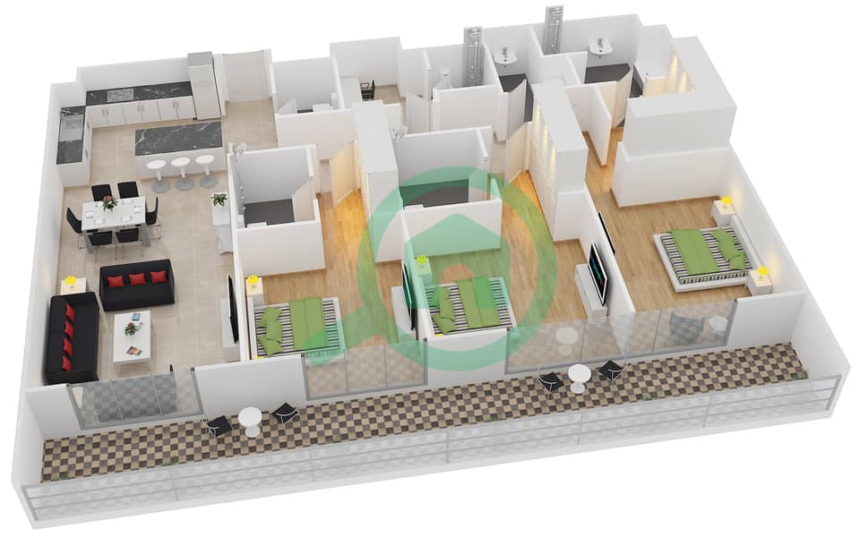 المخططات الطابقية لتصميم النموذج 1-C شقة 3 غرف نوم - بلجرافيا interactive3D